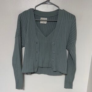 Abercrombie & Fitch Ribbed V‑Neck Cardigan Set in Sage Green